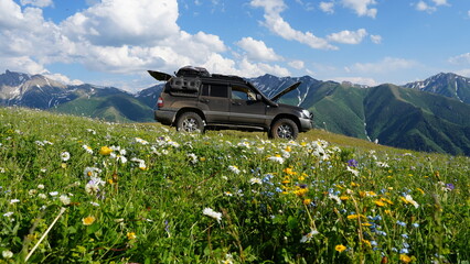 Off road vehicle with open hood stopped in alpine meadow filled with colorful wildflowers. Dramatic mountain peaks and blue sky with white clouds create stunning natural backdrop in wilderness