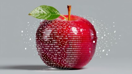 Red apple with a vibrant green leaf, gradually transforming with digital binary code dispersing, illustrating the fusion of nature and technology in a captivating visual sequence of motion - Powered by Adobe