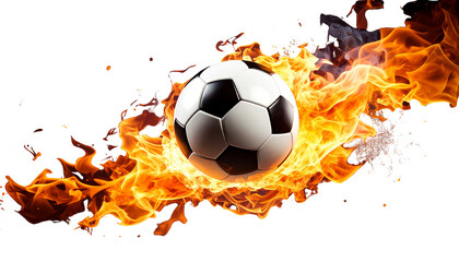 Black and white soccer ball engulfed in flames against a dark background, illustrating the heat of competition in the sport