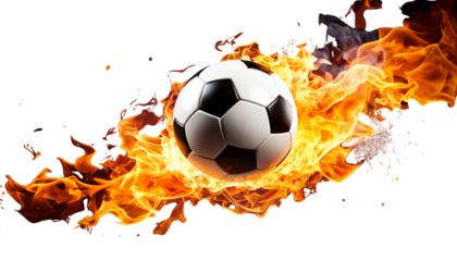 Black and white soccer ball engulfed in flames against a dark background, illustrating the heat of competition in the sport
