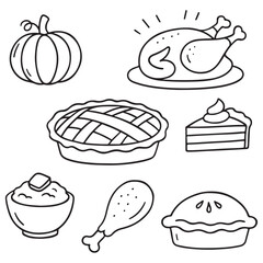Autumn traditional food icon, thanksgiving day holiday table hand drawn doodle line illustration set vector