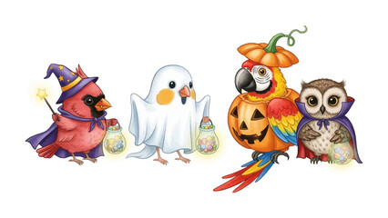 Halloween Birds' Parade: A colorful and charming illustration depicting a quartet of birds dressed in festive Halloween costumes, each holding a lantern, ready for trick-or-treating.