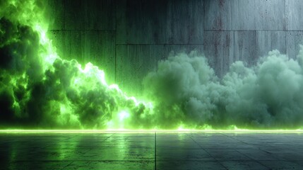 Vibrant green glowing smoke and fog flowing over dark concrete floor with dramatic lighting in a futuristic abstract scene