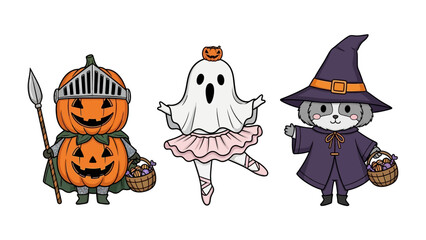 Halloween Trio in Celebration: Delightful and whimsical Halloween illustrations of Pumpkin Knight, Ballerina Ghost, and Witch Dog, ready to cast a spell of fun and mischief. 