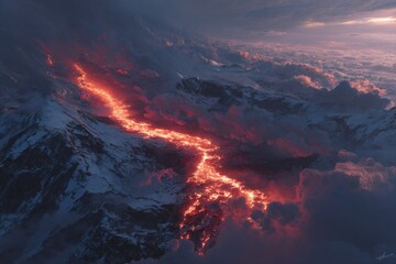 Fiery Lava Flow Illuminates Volcanic Landscape Under Dramatic Sky.