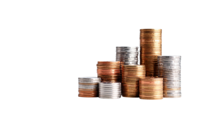 Golden stacks of coins represent business growth and financial success in the market