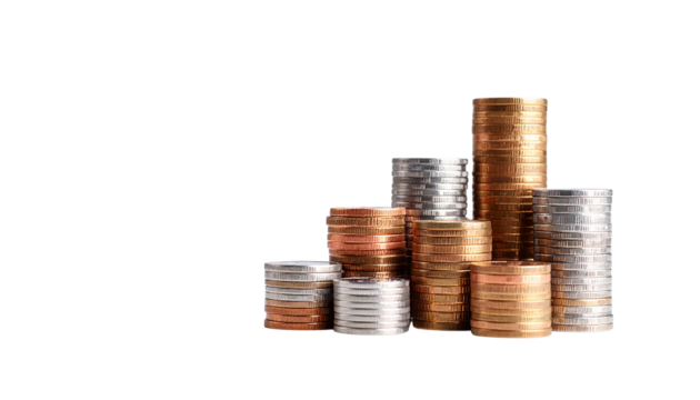 Golden stacks of coins represent business growth and financial success in the market