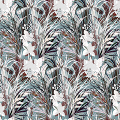 Botanical seamless pattern with graceful flowers and orchid sulhouettes for textiles (1). High quality photo