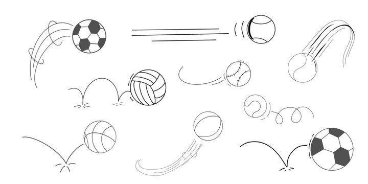 Bounced ball comic manga effect, doodle line hand drawn ball jump trajectory, ball motion expression. Sketch movement.