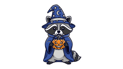 Mystical Raccoon with Halloween Pumpkin: This whimsical illustration showcases a charming raccoon in a wizard's attire, complete with a pointy hat adorned with stars and a crescent moon.