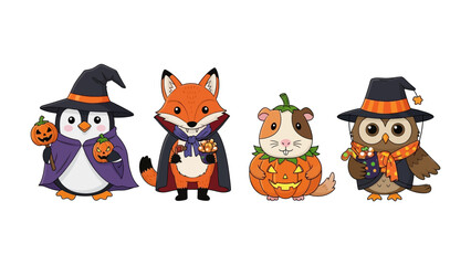 Halloween Animals: Charming cartoon animals donned in festive costumes, ready for a night of trick-or-treating. Featuring a playful penguin, clever fox, cute guinea pig, and wise owl.