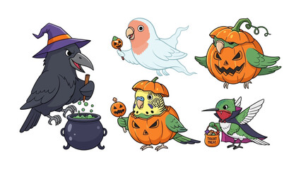 Festive Avian Halloween: Whimsical illustrations of a variety of birds, each embodying the spirit of Halloween in creatively decorated ways.