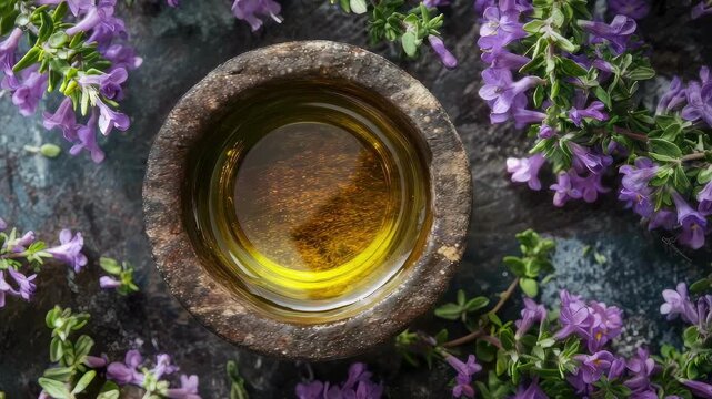 cumin essential oil and mortar. Selective focus