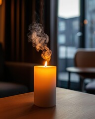 Smoke trails curling from a single candle in a dimly lit room, styled for intimacy