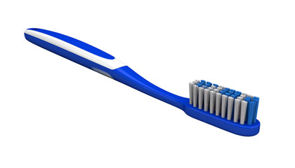 Blue toothbrush with white accents positioned against a plain background showcasing its bristles and high-key lighting with cutout object