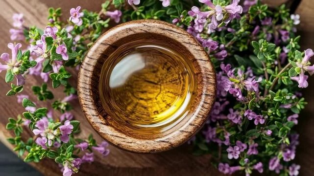 cumin essential oil and mortar. Selective focus