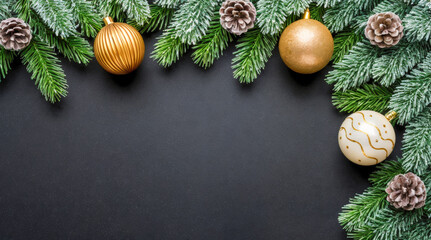 Elegant Christmas Decorations: Golden Ornaments, Snowy Branches, Black Background