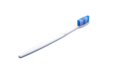 Blue toothbrush with a long handle positioned diagonally against a clean background studio shot on white and transparent