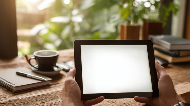 Hands holding digital tablet with blank screen on wooden table, workspace with coffee cup, notepad and books - Powered by Adobe