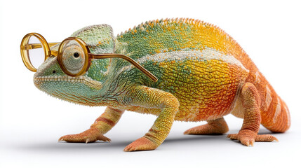 Obraz premium Colorful chameleon with round glasses, funny exotic reptile close-up on white background