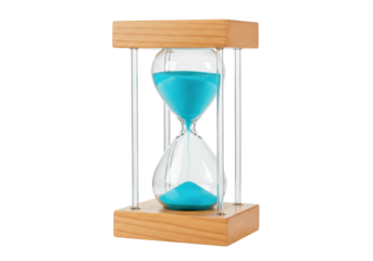 Hourglass with blue sand isolated on transparent background, wooden frame sandglass timer for time management and deadline concept PNG