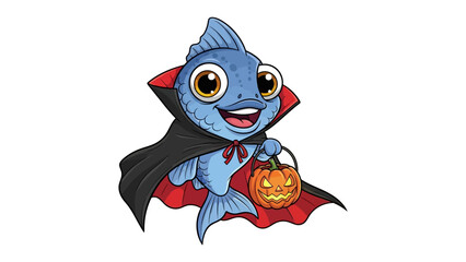 Costumed Fish and a Pumpkin: A smiling fish dressed in a cape and holding a carved pumpkin, ready to celebrate Halloween. Perfect for adding a touch of fun to holiday content.