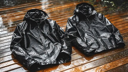 Two dark, wet rain jackets on a wooden surface, glistening from the rain