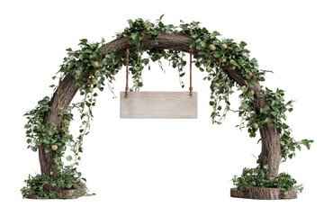 Rustic wooden archway adorned with greenery and a blank sign