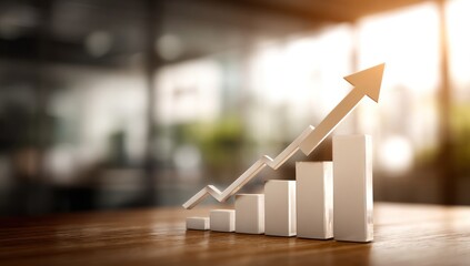 Financial Growth Chart with Upward Arrow on Wooden Table, Business Success Concept.