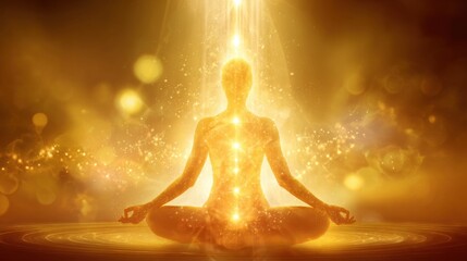 A person sits in a meditative pose surrounded by a warm golden light. This scene captures the essence of calmness and energy flow symbolizing spiritual connection.