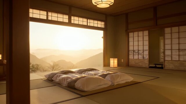 The atmosphere of a traditional inn with a futon laid out on tatami mats and shoji screens filtering the morning light.