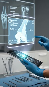 Doctor examines knee joint anatomy on futuristic screen using tablet in sterile environment