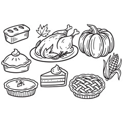 Autumn traditional food icon, thanksgiving day holiday table hand drawn doodle line illustration set vector