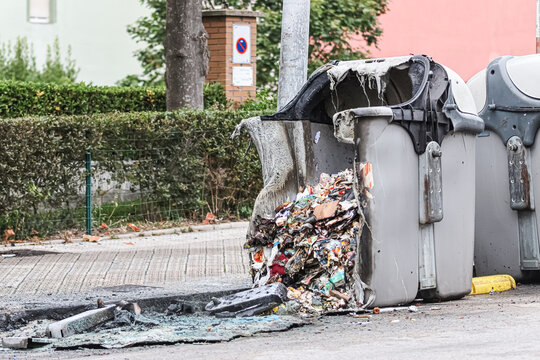 Burned garbage container. Demonstration, protests.