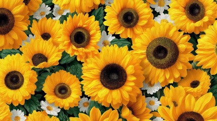 Vibrant yellow sunflowers and white daisy-like flowers create a cheerful, natural, and sunny summer floral background texture.