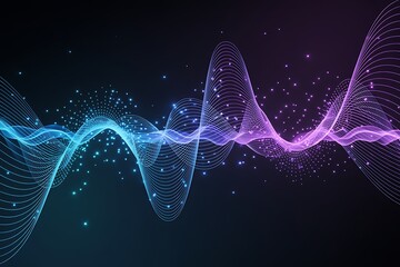Abstract digital waveform design representing data and sound visualization with glowing particles floating on a dark background suitable for technology related designs
