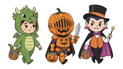 Halloween Trio: A whimsical trio of children in charming costumes embarks on a Halloween adventure, each carrying a treat-filled basket and radiating the spirit of the season.