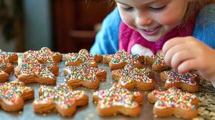 A child decorating gingerbread cookies with colorful icing and sprinkles during the holiday season