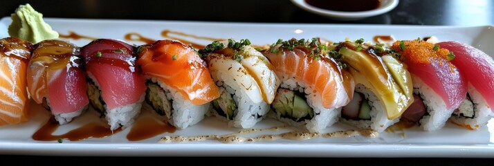 A close-up of a sushi platter with nigiri, sashimi, and colorful rolls, accompanied by soy sauce and wasabi
