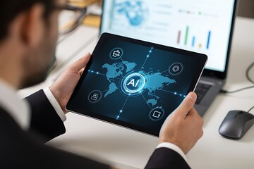 Businessman analyzing artificial intelligence ai data visualization displayed on a tablet with global network connection and digital transformation.