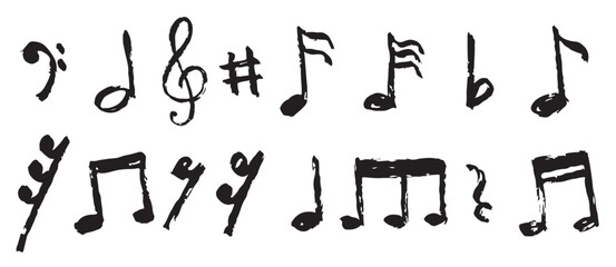 set of hand drawn music note doodle isolated on white