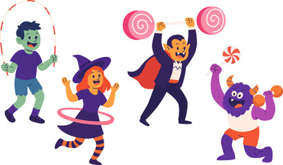Vector illustration of Halloween characters — vampire, witch, monster and zombie — playing sports with candy props like lollipops, hoops and sweets. Humorous festive fitness concept.