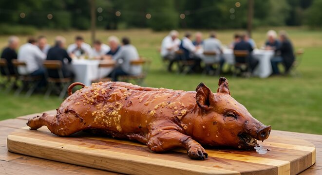 a roasted whole pig with its golden,crispy skin, presented on a large wooden board. The setting is outdoors,on a large patio with a blurred background of a festive gathering.The lighting is natural,