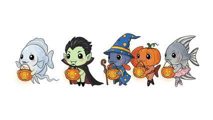 Underwater Halloween Masquerade: A whimsical underwater scene featuring adorable cartoon fishes dressed in Halloween costumes, creating a festive and imaginative holiday tableau.