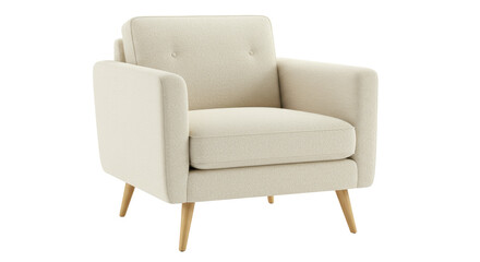Modern armchair isolated on white, cream-colored lounge chair with wooden legs for living room or office waiting area