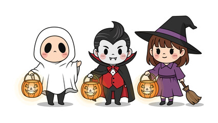 Halloween Trio: Adorable illustrations capture the essence of Halloween, featuring a friendly ghost, a charming vampire, and a whimsical witch.