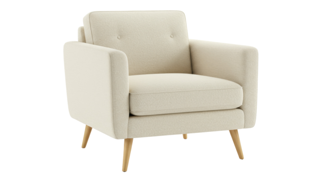 Modern armchair isolated on white, cream-colored lounge chair with wooden legs for living room or office waiting area