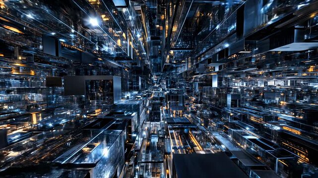 Futuristic data‑city tunnel flying through luminous grids and server canyons; high‑speed digital warp evokes AI, fintech, and cloud&mdash;ideal for corporate tech reels, cybersecurity explainers, innovation