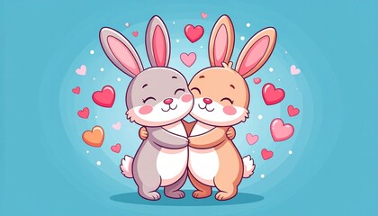 Two Rabbits Hugging. A heartwarming illustration of two cartoon rabbits giving each other a big, warm hug.
