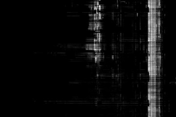 Abstract black and white glitch texture with digital noise, pixel distortion and static scanline error effect background